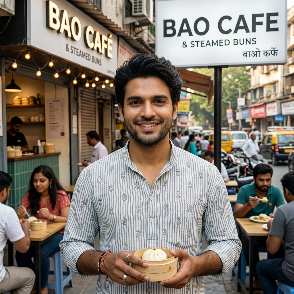 Smiling man holding steamed bao bun in bamboo container outside Bao Café with other people eating in the background