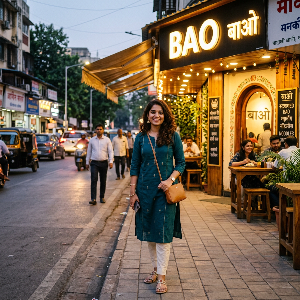Woman smiling outside BAO restaurant on busy street at dusk